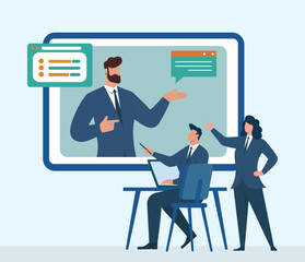 Business team in an online meeting watching a presentation on a large screen with chat panels and shared workspace collaboration, 5 concepts: Virtual Presentation, Team Collaboration