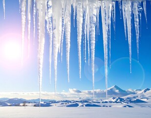 Icy Winter Landscape with Icicles and Mountain Backdrop.