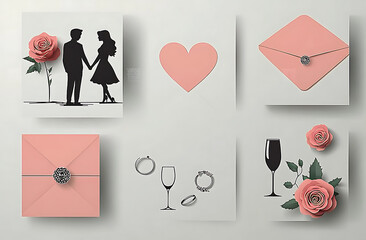 Elegant Valentine Day card design collection, paper cut style rose flower, couple silhouette and pink envelope, minimalist love illustration, wedding invitation material

