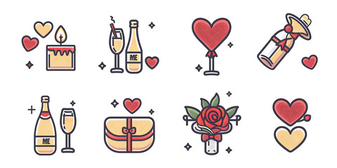 Cute filled outline style Valentine Day icon, champagne, bouquet, handbag and heart balloon, vector illustration symbol, holiday celebration sticker

