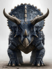 Fototapeta premium Front View of Triceratops Dinosaur with Massive Horns and Armored Skin, Hyper Realistic Prehistoric Creature Portrait, Powerful Ancient Animal Concept on Minimal Background 