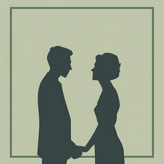 Vintage style couple silhouette, side profile portrait in dark green frame, man and woman holding hands, minimalist romantic illustration

