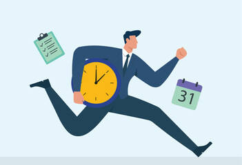 Businessman running with a clock, checklist and calendar&mdash;time management and productivity concept, Deadline Pressure, Scheduling & Planning, Task Checklist, Speed & Efficiency, Work Productivity