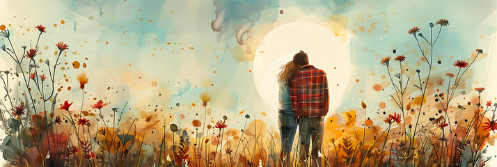 Couple standing in wildflowers, warm watercolor texture, sunny romantic background, artistic style wedding banner, impressionist painting

