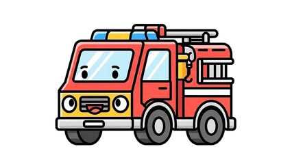 Cartoon Fire Truck with Lights and Ladder.