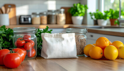 Reusable shopping bags and glass containers on a wooden kitchen table with warm natural light, representing a zero-waste lifestyle, sustainable habits, and eco-friendly home living.