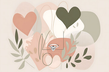 Abstract Boho style background, pink hearts and botanical leaves, diamond ring line drawing, modern art Valentine Day illustration, pastel color design

