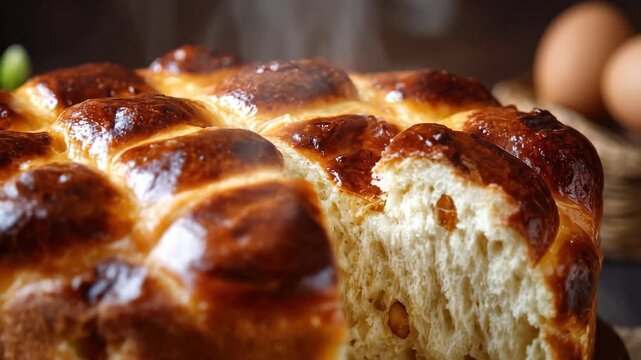 Freshly baked traditional sweet Easter bread with steam rising on rustic wooden board with eggs