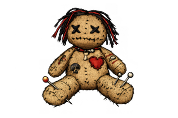 Voodoo doll representing magic, occult rituals, and curses with pins, heart, and dreadlocks on transparent background