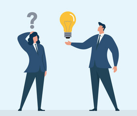 Business Problem Solving and Idea Sharing with Question Mark and Light Bulb, Innovation, Guidance, Teamwork, Communication, Decision Making