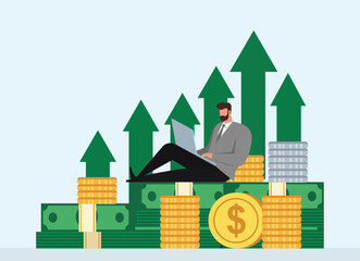 Businessman working on laptop with stacked cash and coins, green upward arrows showing financial growth, investment success, savings and profit, Financial Growth, Investment Strategy