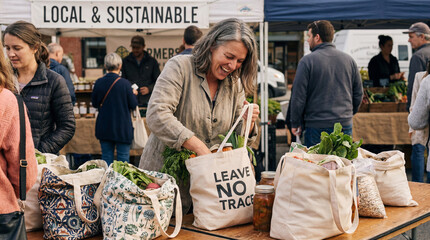 A smiling woman fills her reusable bag with fresh produce at an outdoor Farmers Market. Other shoppers browse the stalls, filled with colorful fruits, vegetables, and artisan goods.