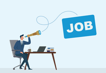 Businessman at desk using a telescope to search for a JOB opportunity, Career Search, Recruitment & Hiring, Job Opportunity Discovery, Professional Networking, Office Work & Planning