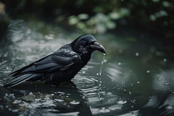 Obraz premium Wet crow refreshing in dark water with droplets falling from beak