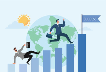 Global Business Growth: Entrepreneur stepping up rising bar chart toward success flag over world map, Career Progress, Business Growth, Leadership Ambition, Overcoming Setbacks, Global Success