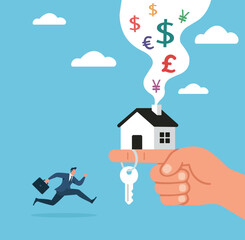 Home Buying, Mortgage Finance, Real Estate Investment, Currency Exchange, Property Ownership, Businessman chasing a house key as global currency symbols rise, symbolizing real estate finance