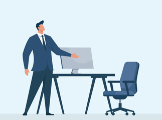 Businessman Presenting at Modern Office Desk with Computer and Chair, Corporate Presentation, Office Workspace, Business Professional, Desktop Technology, Workplace Furniture
