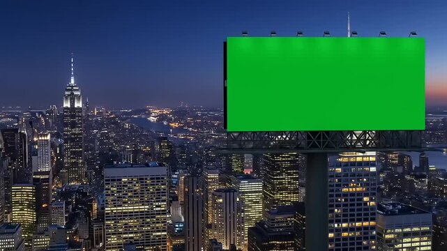 NYC Skyline Night Billboard Green Screen  Blank Ad Space Over City Lights.