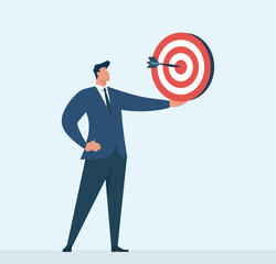 Businessman Holding Target with Arrow Hitting Bullseye, Goal Setting, Success Achievement, Strategic Planning, Performance Growth