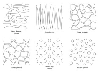 Landscape Architecture CAD Vector Patterns Set. Grass, Water, Stone, Wall, and Texture Elements