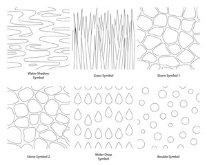 Landscape Architecture CAD Vector Patterns Set. Grass, Water, Stone, Wall, and Texture Elements