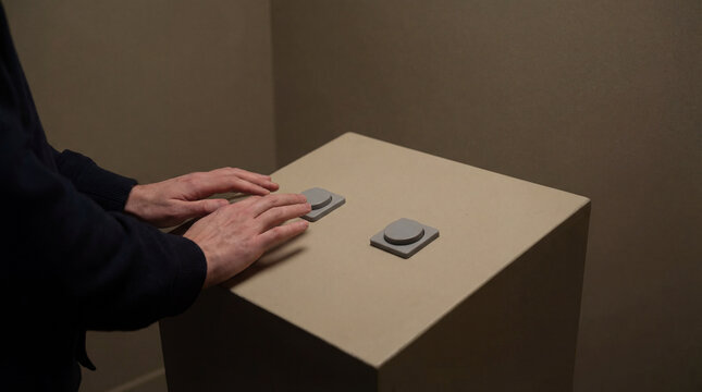 A person's hands are posed above two gray, cylindrical buttons on a small platform in what appears to be an art gallery setting. The scene is minimal and muted.