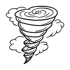 Stylized illustration of a powerful tornado swirling with clouds.