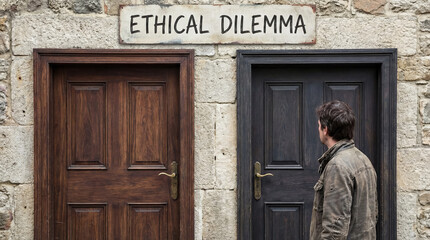 A person stands before two doors, one dark and one light, under a sign reading ETHICAL DILEMMA. They seem to be carefully considering which option to choose.
