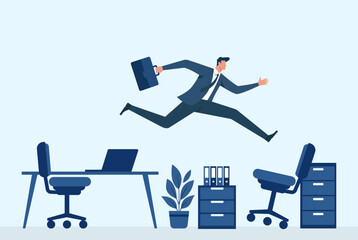 Flat vector of a businessman sprinting and leaping over office furniture with a briefcase, symbolizing fast-paced work, ambition, and overcoming obstacles, Concept titles: Career ambition