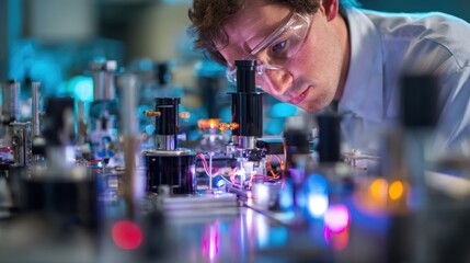 Engineer using highprecision equipment to test fiber optic cable integrity focusing on light transmission and detecting microbends in a modern lab setting.
