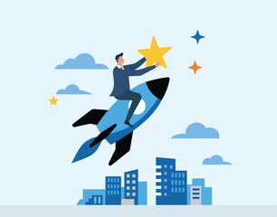 Business Growth Success Concept: Entrepreneur riding a rocket above the city, reaching for a star in the sky, Startup Launch, Ambition, Goal Achievement, Career Success, Innovation