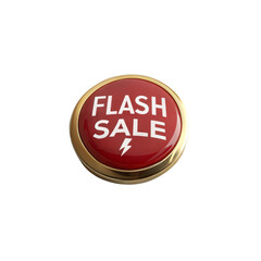 A realistic 3D red flash sale button with a glossy gold rim and lightning bolt icon, isolated on a white background for promotional marketing