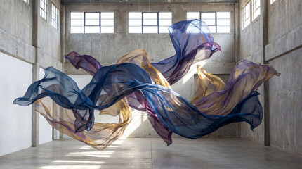 Inside a modern gallery, dyed translucent fabrics create floating ethereal forms. Sunlight streams through windows, illuminating this airy, colorful, and graceful display.