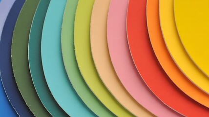 Close-up of curved color samples arranged in a gradient of soft and bright hues color palette spectrum