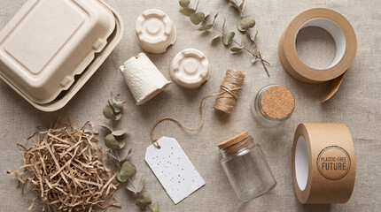 Several sustainable packaging options are displayed on a neutral linen surface. The items suggest eco-conscious shipping and crafting, promoting a Plastic-Free Future.