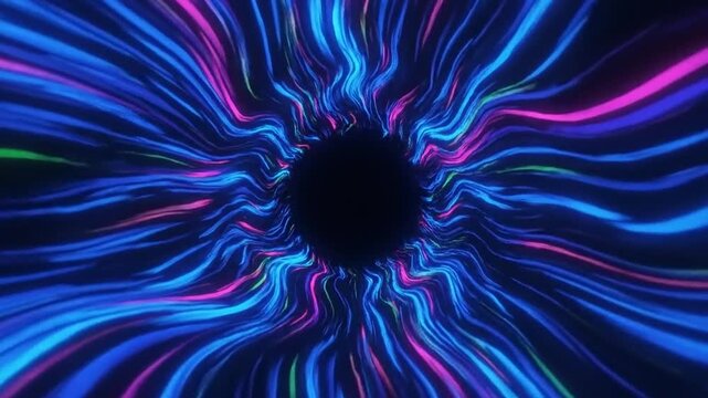 colorful neon lights swirling around a dark center in a psychedelic pattern . use as multipurpose tittle intro, background. product mockup. motion graphics background