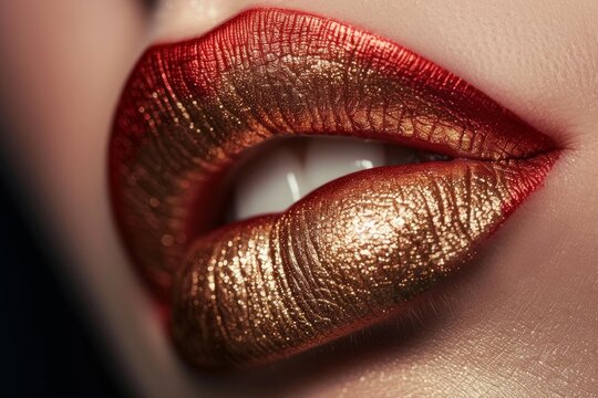Close up view of glamorous lips, showcasing a blend of gold and red lipstick - Powered by Adobe