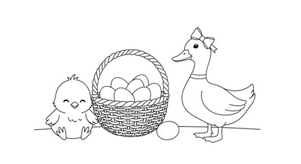 Cute easter themed coloring page for children featuring a baby chick, a duck with a bow, and a basket full of large eggs.