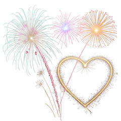 Colorful Fireworks Display with a Golden Sparkling Heart, Celebration and Romance Background Element Isolated on White