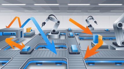 Robotic arms work together in a futuristic industrial setting