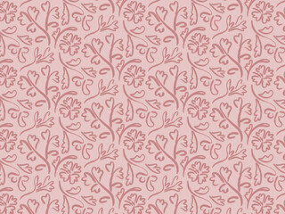 Seamless Pink Floral Line Art Pattern with Hand Drawn Botanical Background