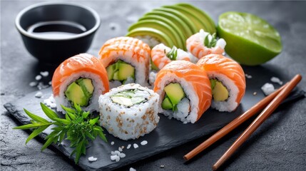Salmon and avocado sushi rolls lie on a sleek slate plate, garnished with green herbs and accompanied by a small bowl of dark dipping sauce. The atmosphere is inviting and relaxed