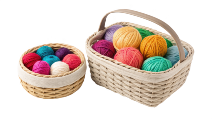 Two wicker baskets filled with colorful balls of yarn isolated on transparent background