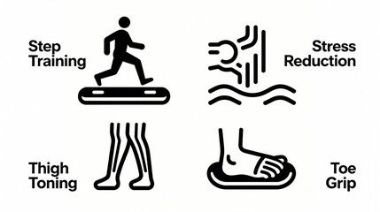 Elements such as step training and stress relief represent the fitness functions of thigh shaping and toe gripping, which are suitable for promotional materials of fitness products.
