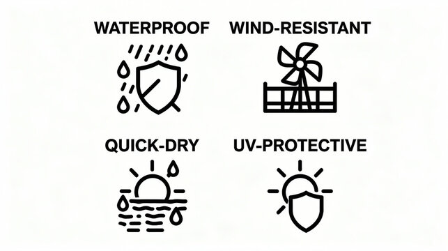 Elements such as waterproofing and wind resistance represent functional characteristics of quick-drying and UV protection, making them suitable for promotional materials for outdoor products.

