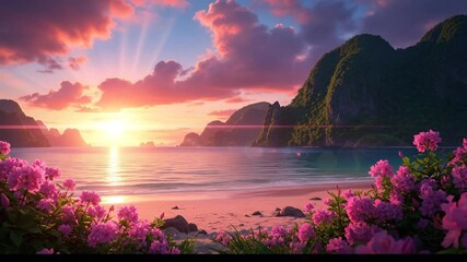 Sunset over ocean beach with pink flowers and mountains