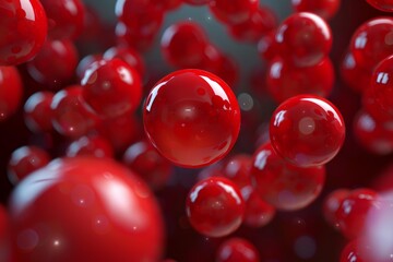 Many glossy red spheres floating and sparkling, creating an abstract digital background