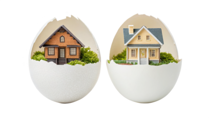 Houses emerging from eggs isolated on transparent background