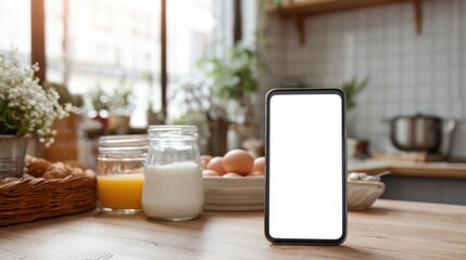 Smartphone with white screen on a kitchen counter next to healthy breakfast, lifestyle home scene