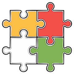 Four colorful puzzle pieces forming a larger square shape representing connection and teamwork